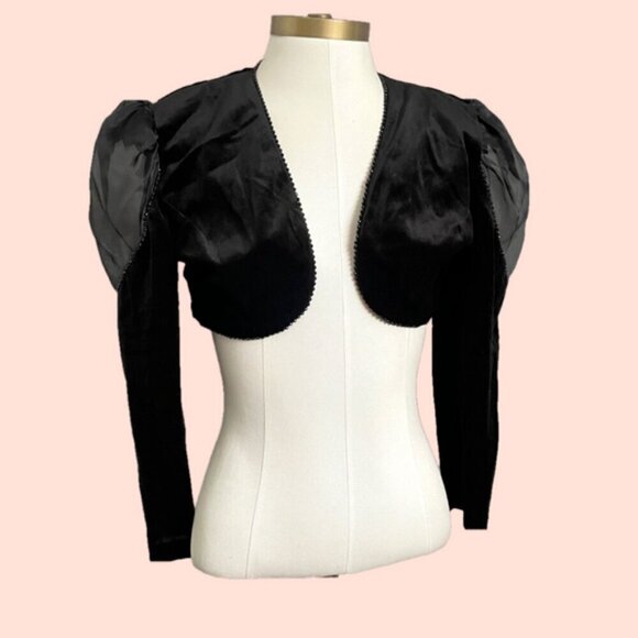 Vintage Black Velvet Bolero / Cropped Blazer w/ Sheer Shoulders - Small - Picture 7 of 8